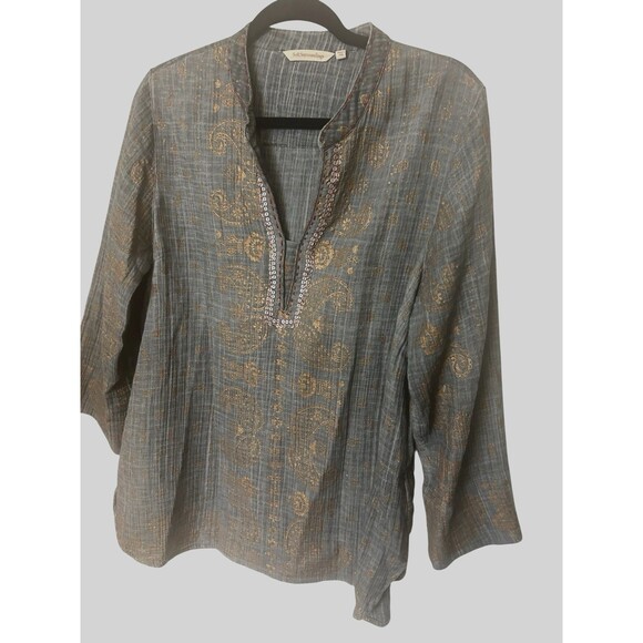Soft Surroundings Katavi Tunic Top Grey Cotton Gauzy Gold Paisley Sequin Boho PL - Picture 2 of 10